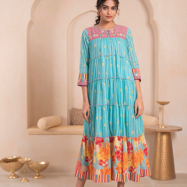 Juniper Skyblue Flared Panelled Dress with Printed Floral Hem and Yoke Embroidery