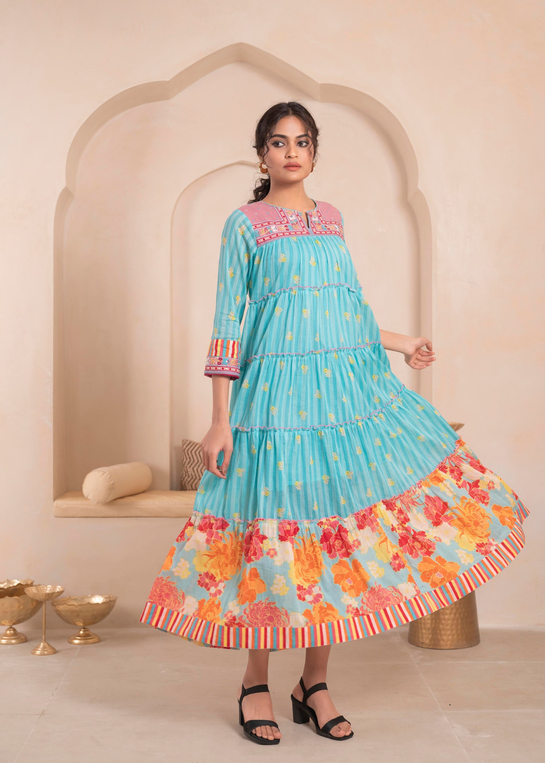 Juniper Skyblue Flared Panelled Dress with Printed Floral Hem and Yoke Embroidery