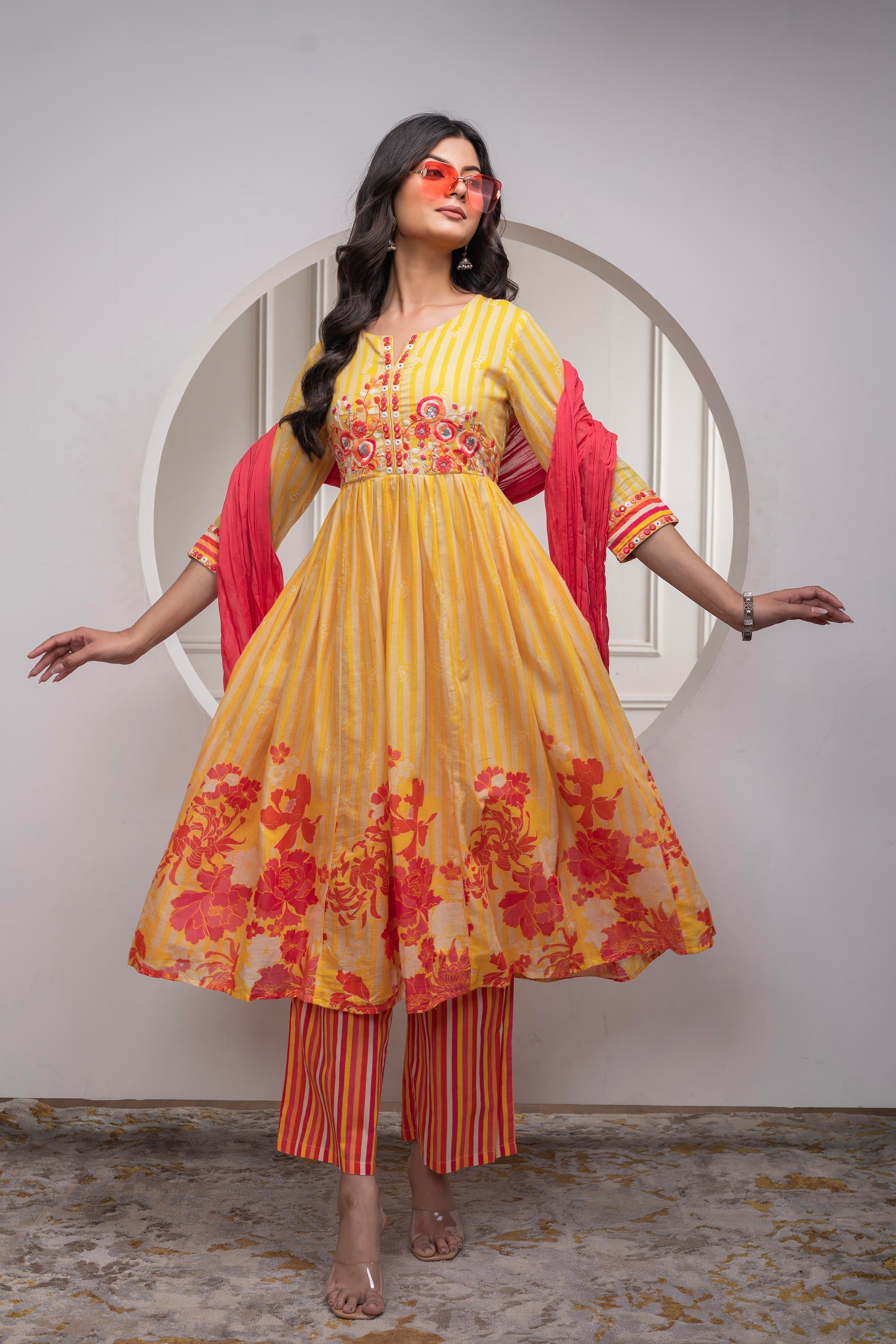 Juniper Mustard Cotton Kurta Pant & Chiffon Dupatta Set with Embroidered Floral Thread & Mirror Work
