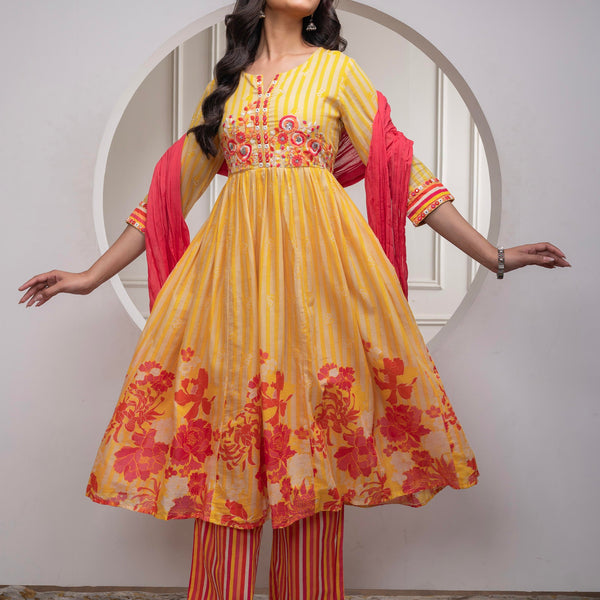 Juniper Mustard Cotton Kurta Pant & Chiffon Dupatta Set With Embroidered Floral Thread & Mirror Work