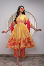 Thumbnail for Juniper Mustard Cotton Kurta Pant & Chiffon Dupatta Set With Embroidered Floral Thread & Mirror Work