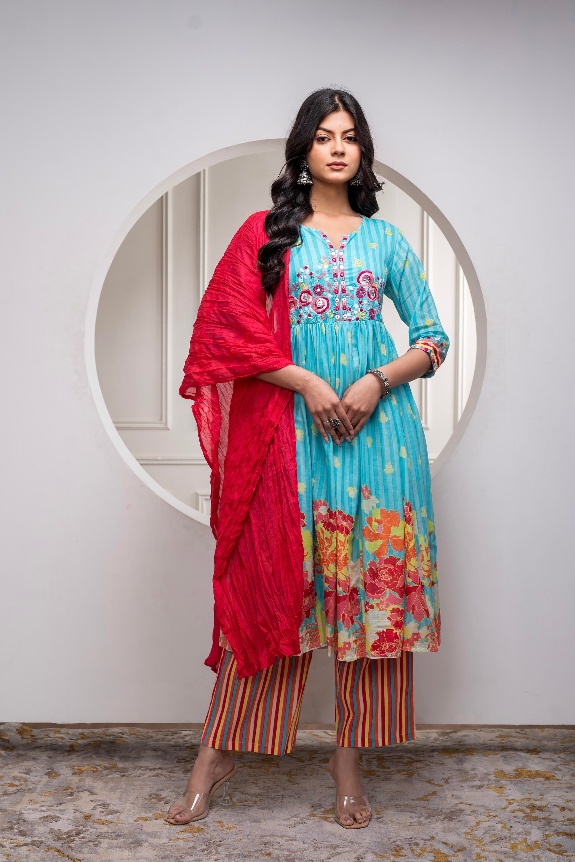 Juniper Skyblue Cotton Kurta Pant & Chiffon Dupatta Set with Embroidered Floral Thread & Mirror Work