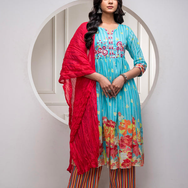 Juniper Skyblue Cotton Kurta Pant & Chiffon Dupatta Set with Embroidered Floral Thread & Mirror Work