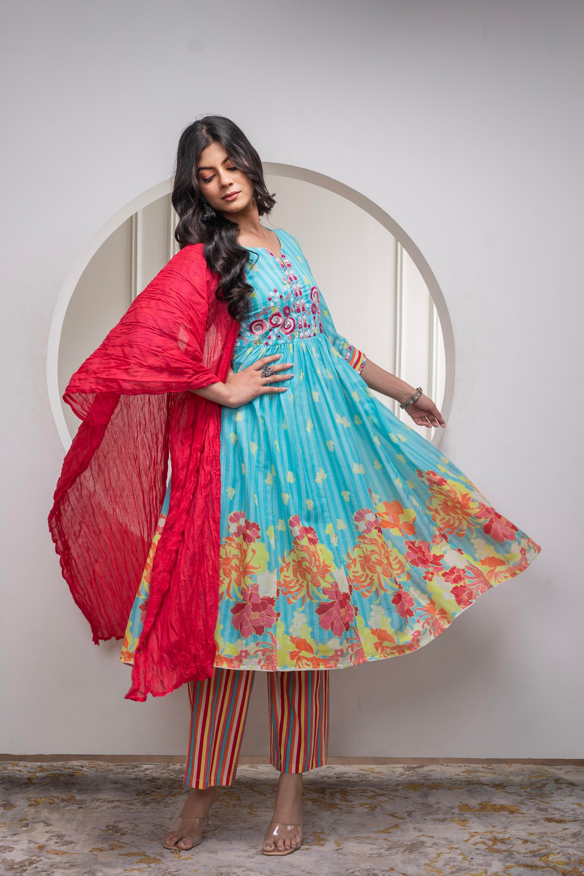 Juniper Skyblue Cotton Kurta Pant & Chiffon Dupatta Set with Embroidered Floral Thread & Mirror Work