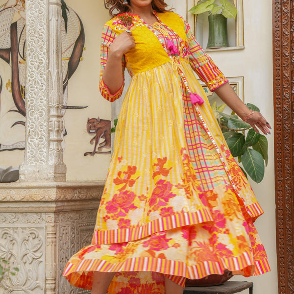 Juniper Mustard Layered Flared Dress With Inner With Sequins, Mirror Work, Dori, Tassels.