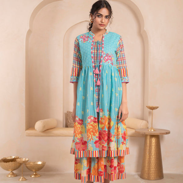 Juniper Sky Blue Layered Flared Dress with Printed Hem and Embroidered Yoke