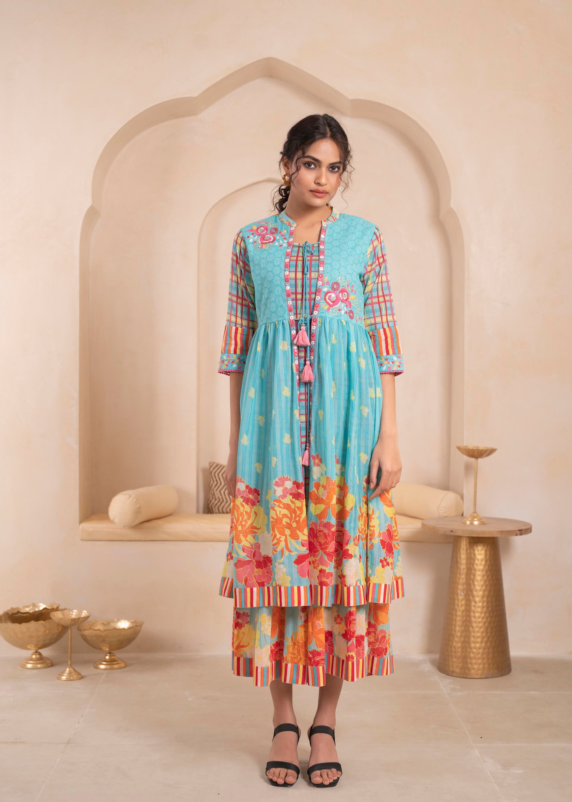 Juniper Sky Blue Layered Flared Dress with Printed Hem and Embroidered Yoke - Distacart