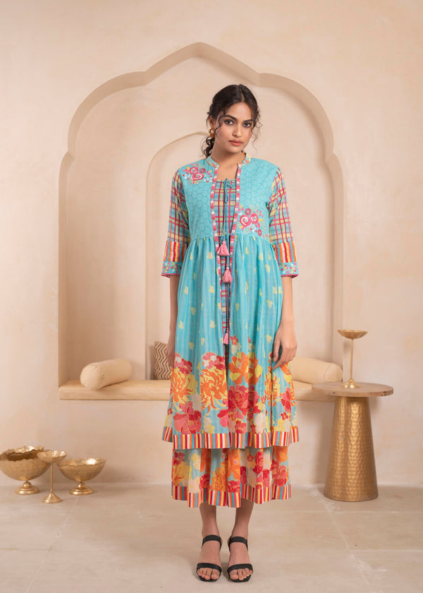 Juniper Sky Blue Layered Flared Dress With Printed Hem And Embroidered Yoke