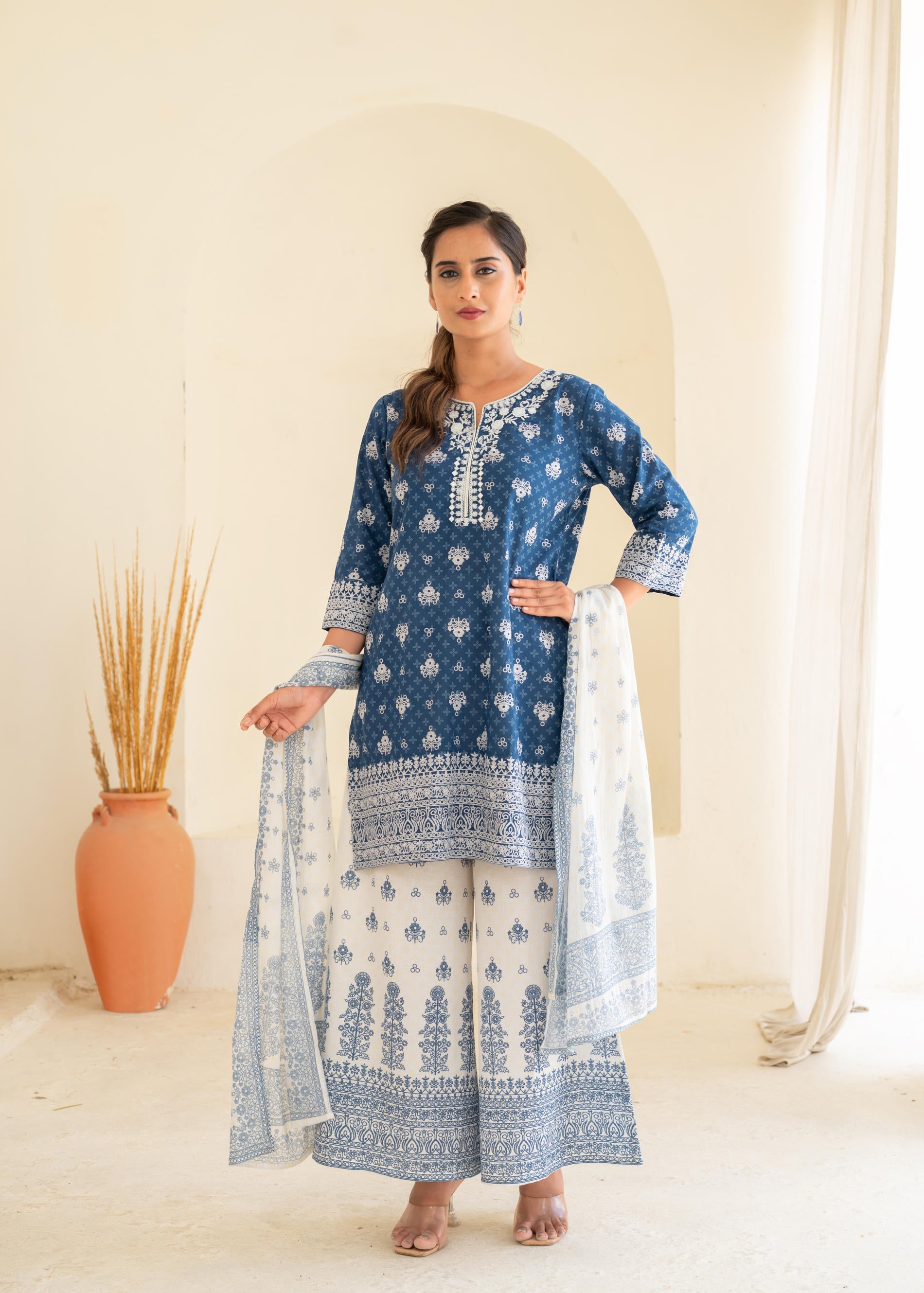 Juniper Indigo Floral Kurta Pant And Dupatta Set With Thread And Sequin Work - Distacart