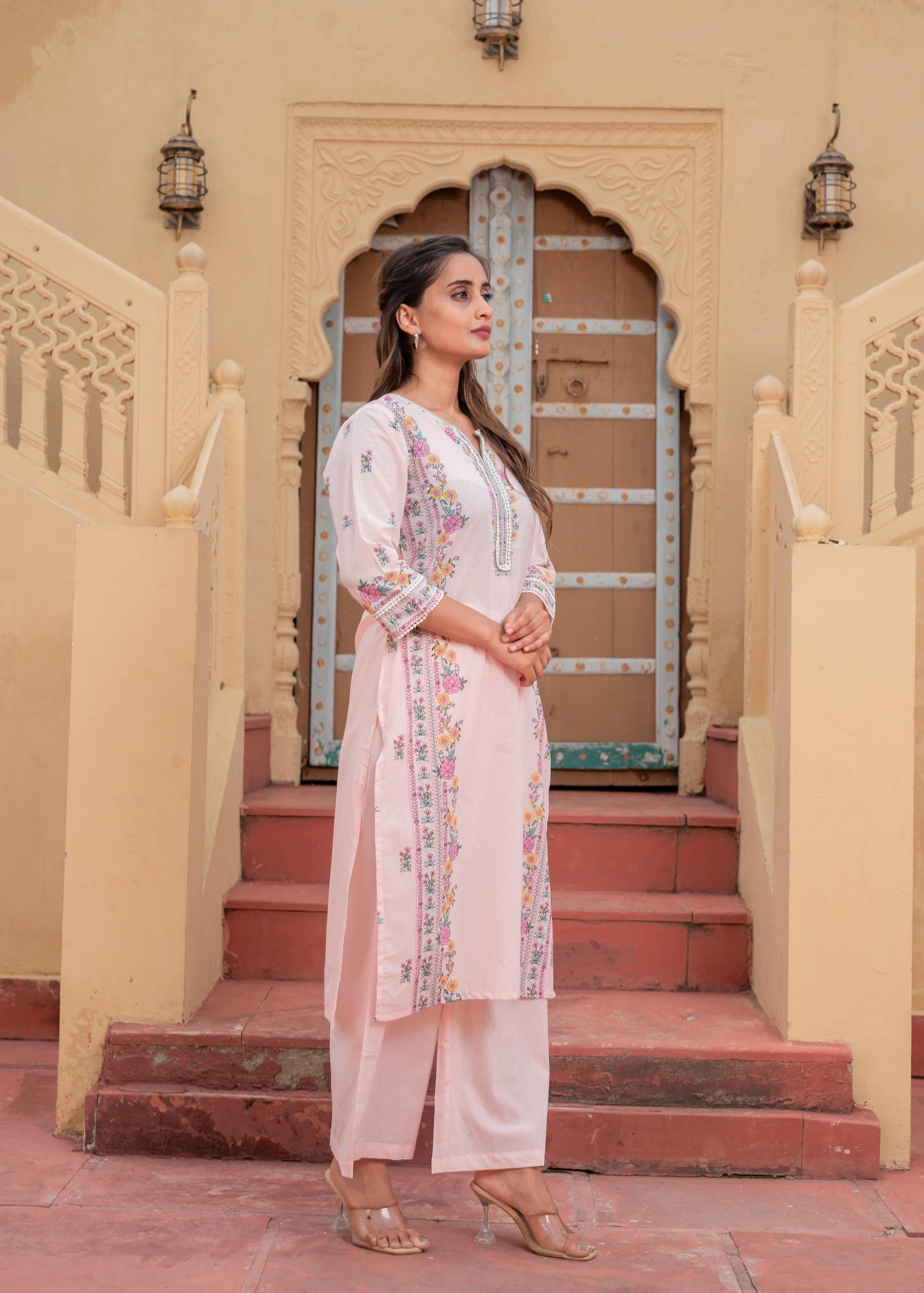 Juniper Soft Pastel Floral Printed Onion Pink Kurti Set
