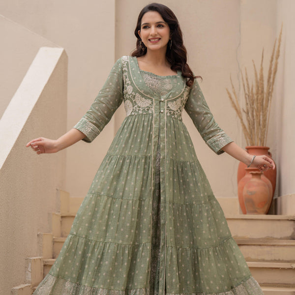 Juniper Azure Green Whispers Boho Tiered Anarkali Dress
