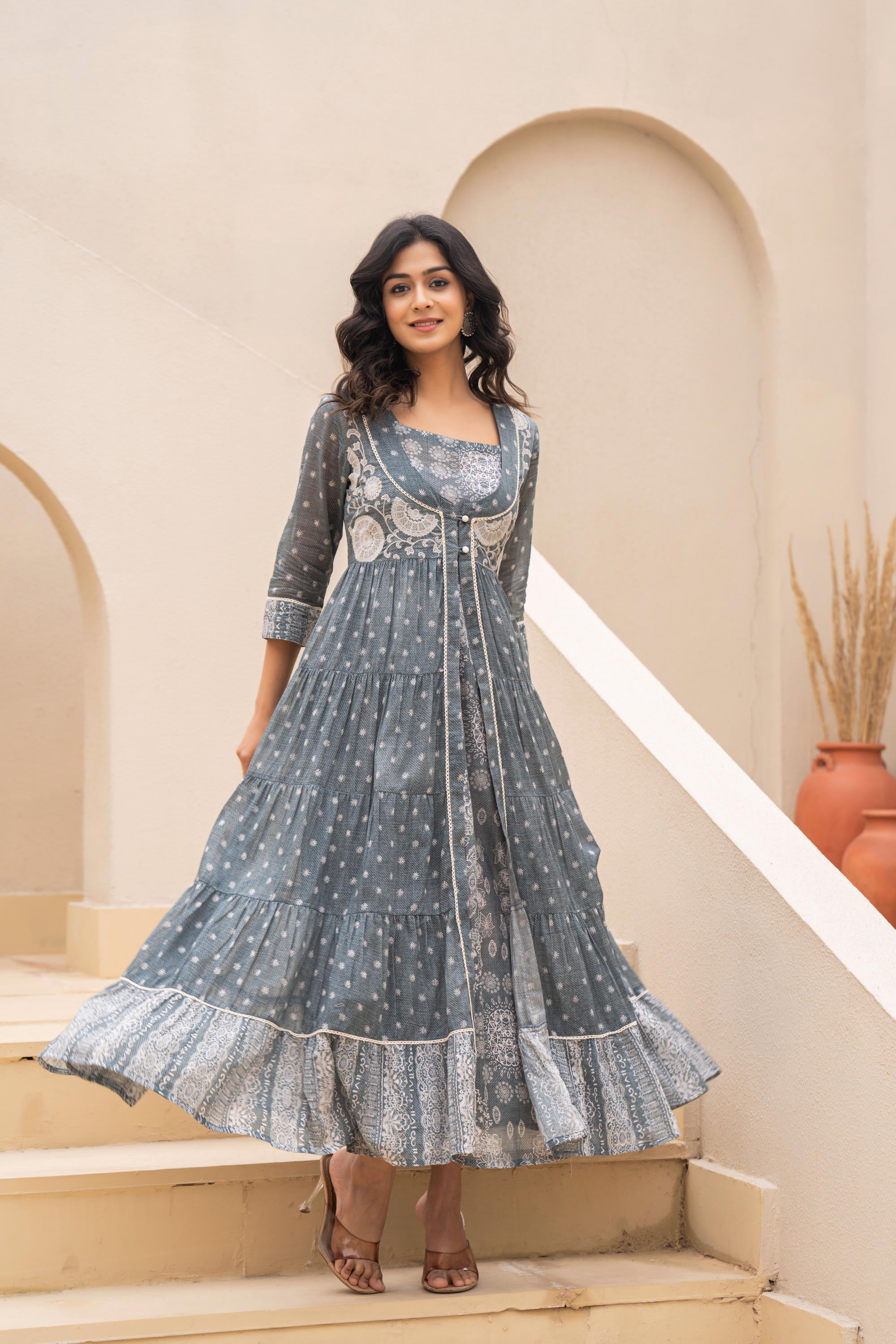 Juniper Grey Anarkali Cotton Dress With Thread Work, Buttons, And Lace Detailing