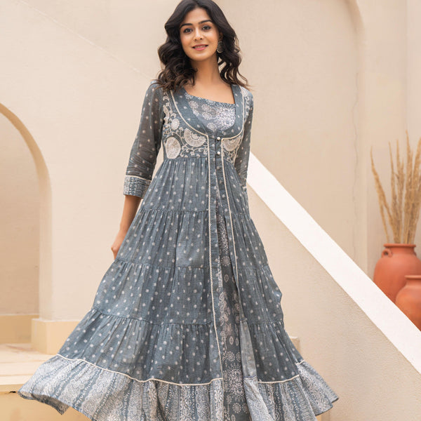Juniper Azure Grey Whispers Boho Tiered Anarkali Dress
