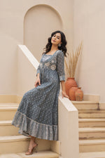 Thumbnail for Juniper Azure Grey Whispers Boho Tiered Anarkali Dress