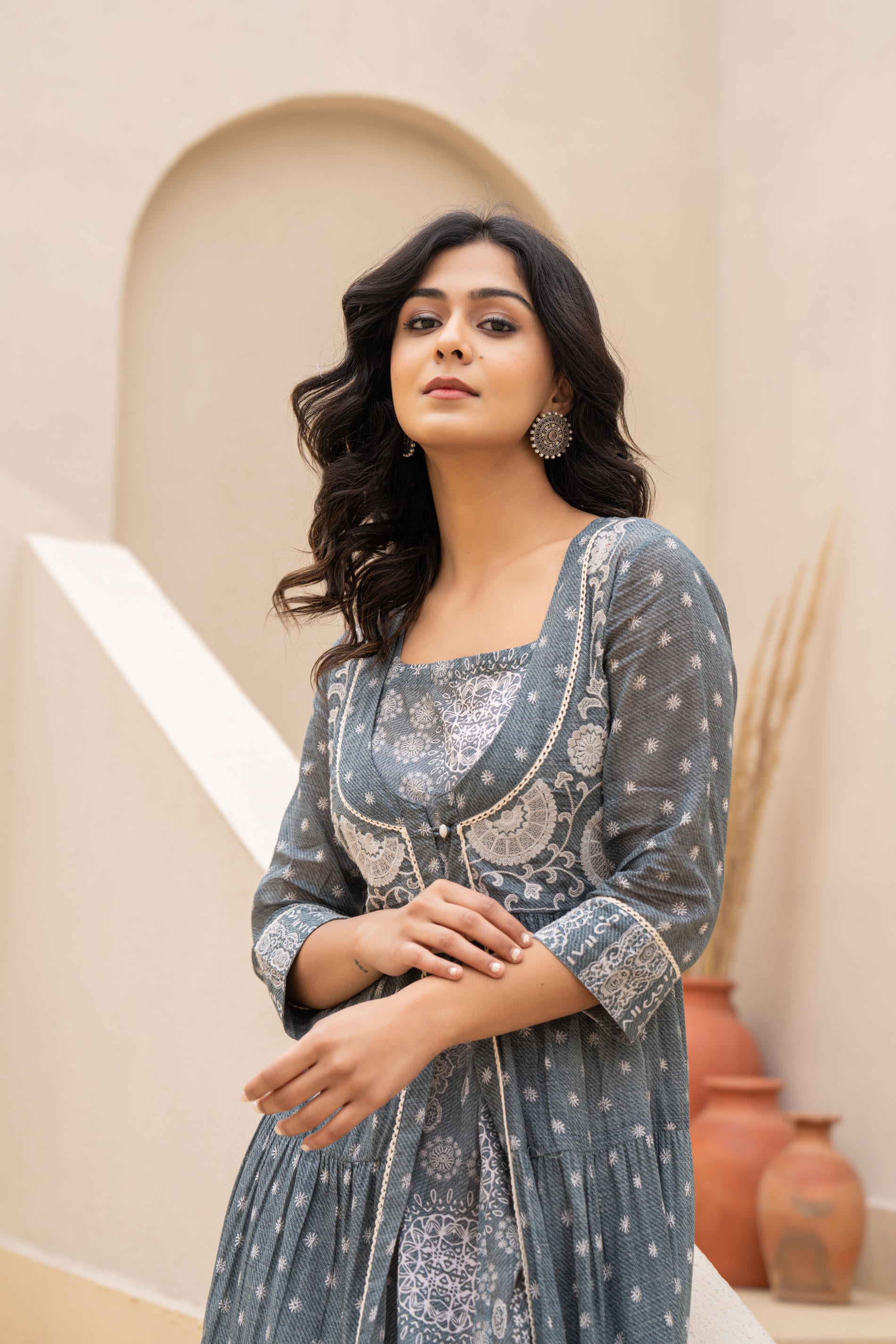 Juniper Azure Grey Whispers Boho Tiered Anarkali Dress