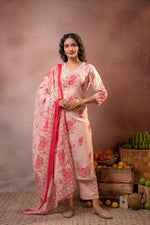 Thumbnail for Juniper Gulbahaar Blush Floral Kurta Pant And Dupatta Set - Distacart