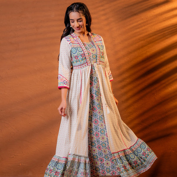 Juniper Ivory Embroidered Flared Midi Dress With Ethnic Motifs