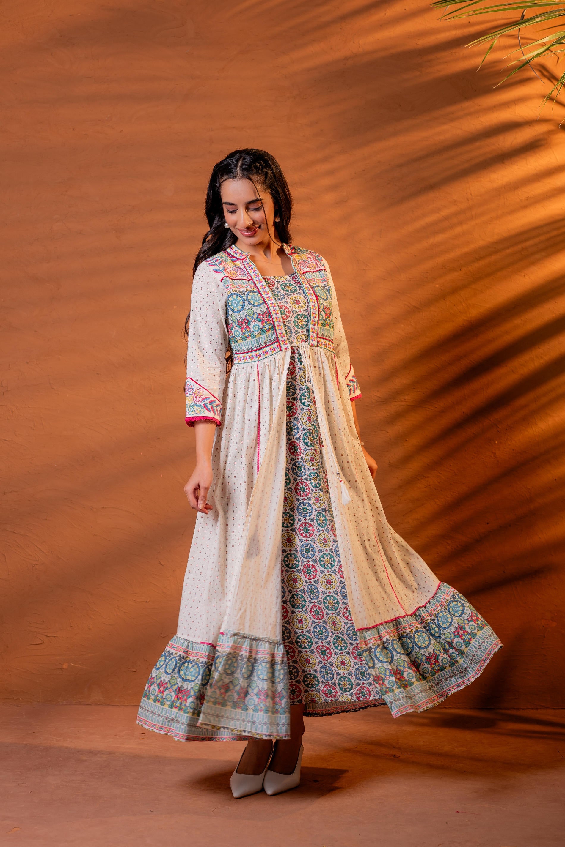 Juniper Ivory Embroidered Flared Midi Dress With Ethnic Motifs - Distacart