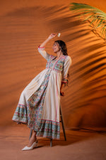 Thumbnail for Juniper Ivory Embroidered Flared Midi Dress With Ethnic Motifs
