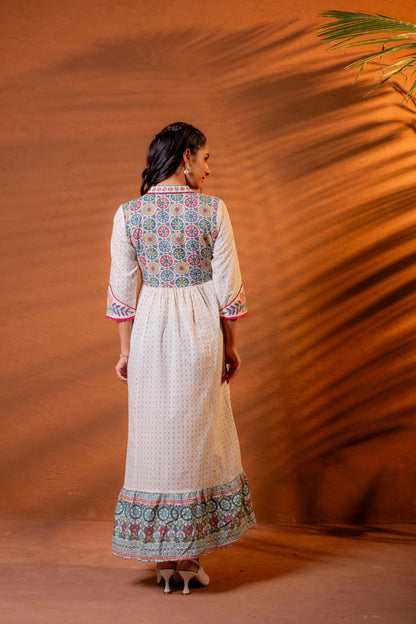 Juniper Ivory Embroidered Flared Midi Dress With Ethnic Motifs - Distacart