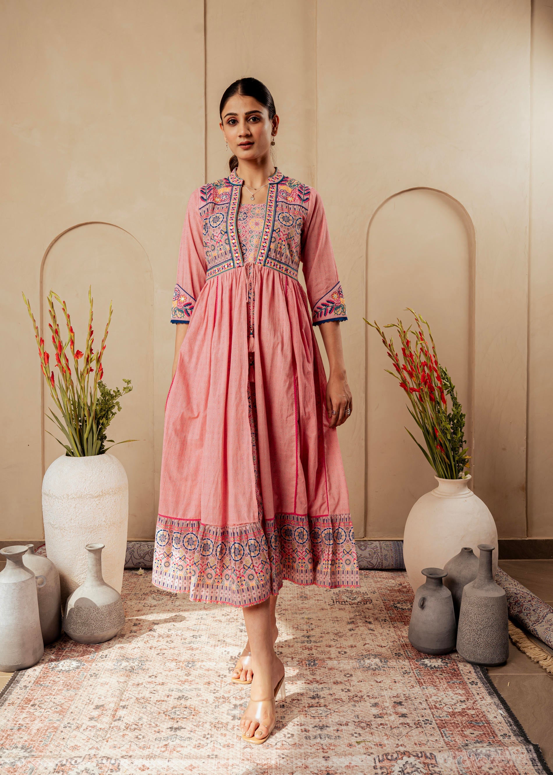 Juniper Onion Pink Embroidered Flared Midi Dress With Ethnic Motifs