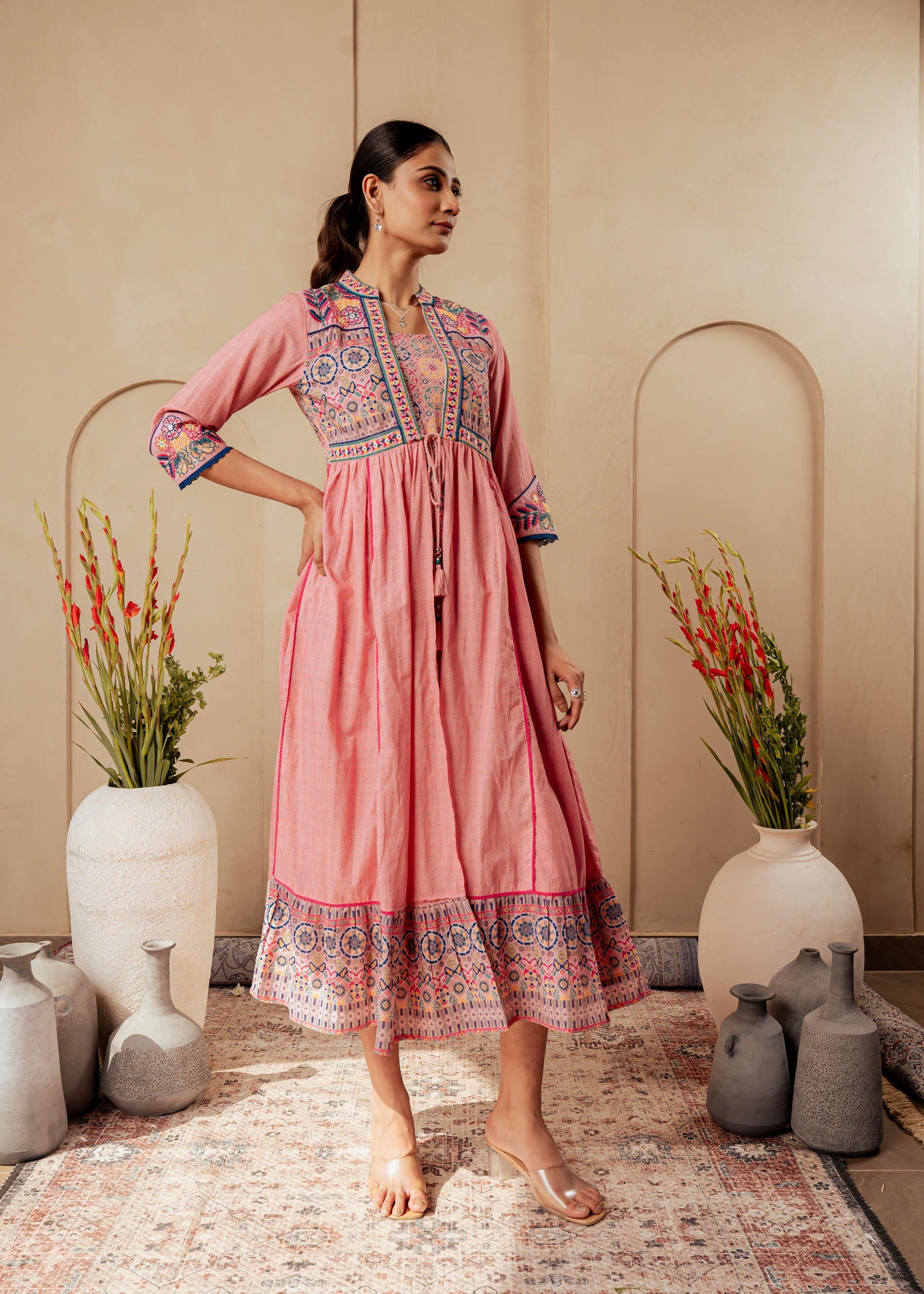 Juniper Onion Pink Embroidered Flared Midi Dress With Ethnic Motifs