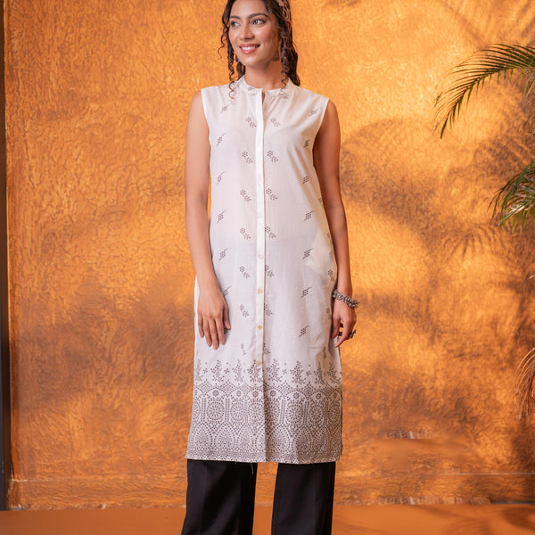 Juniper Black & White Bloom Border Kurta - Distacart