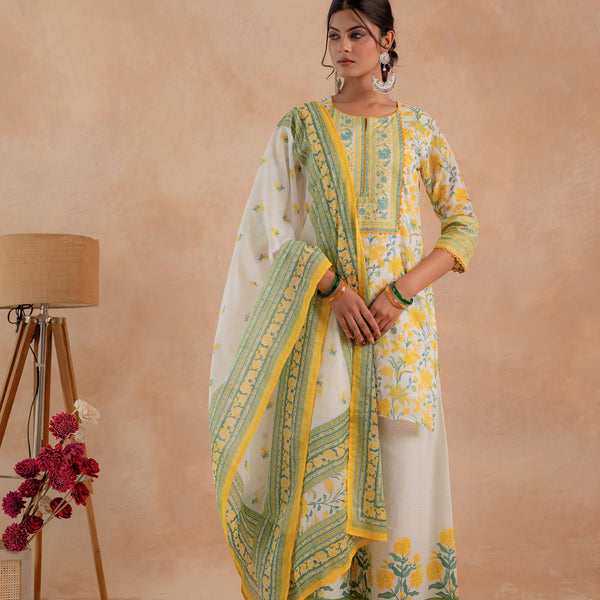 Juniper Gulbahaar Off-White Floral Printed Kurta Palazzo And Dupatta Set - Distacart