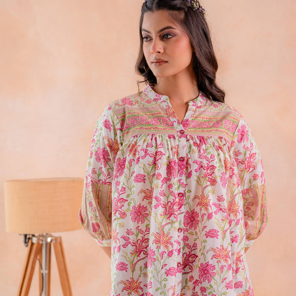 Juniper Floral Printed Gathered Ethnic Tunic - Distacart