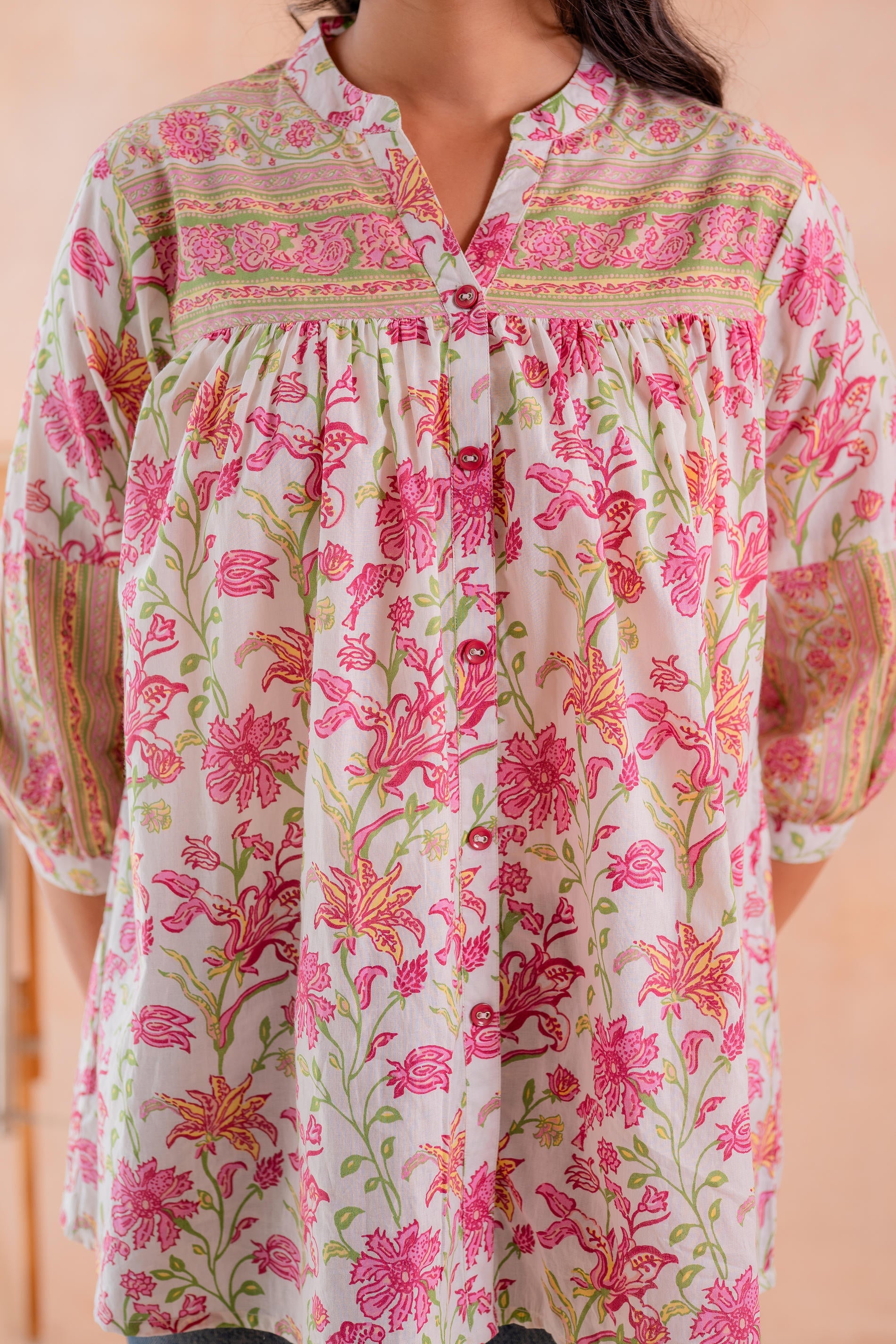 Juniper Floral Printed Gathered Ethnic Tunic - Distacart