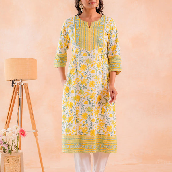 Juniper Yellow Blossom Panelled Kurta - Distacart