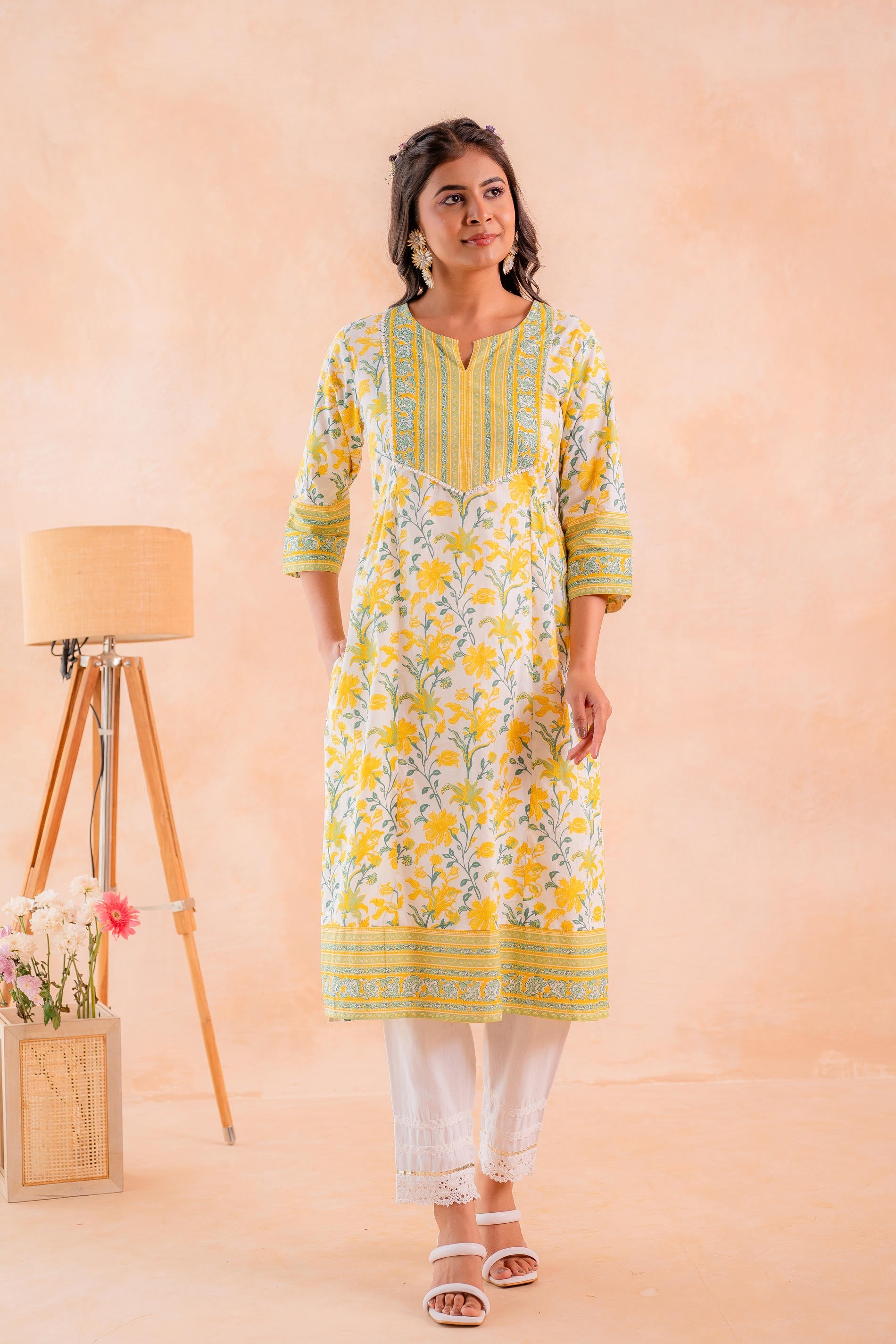Juniper Yellow Blossom Panelled Kurta