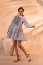 Thumbnail for Juniper White & Black Printed Flared tunic with Pintuck Yoke - Distacart
