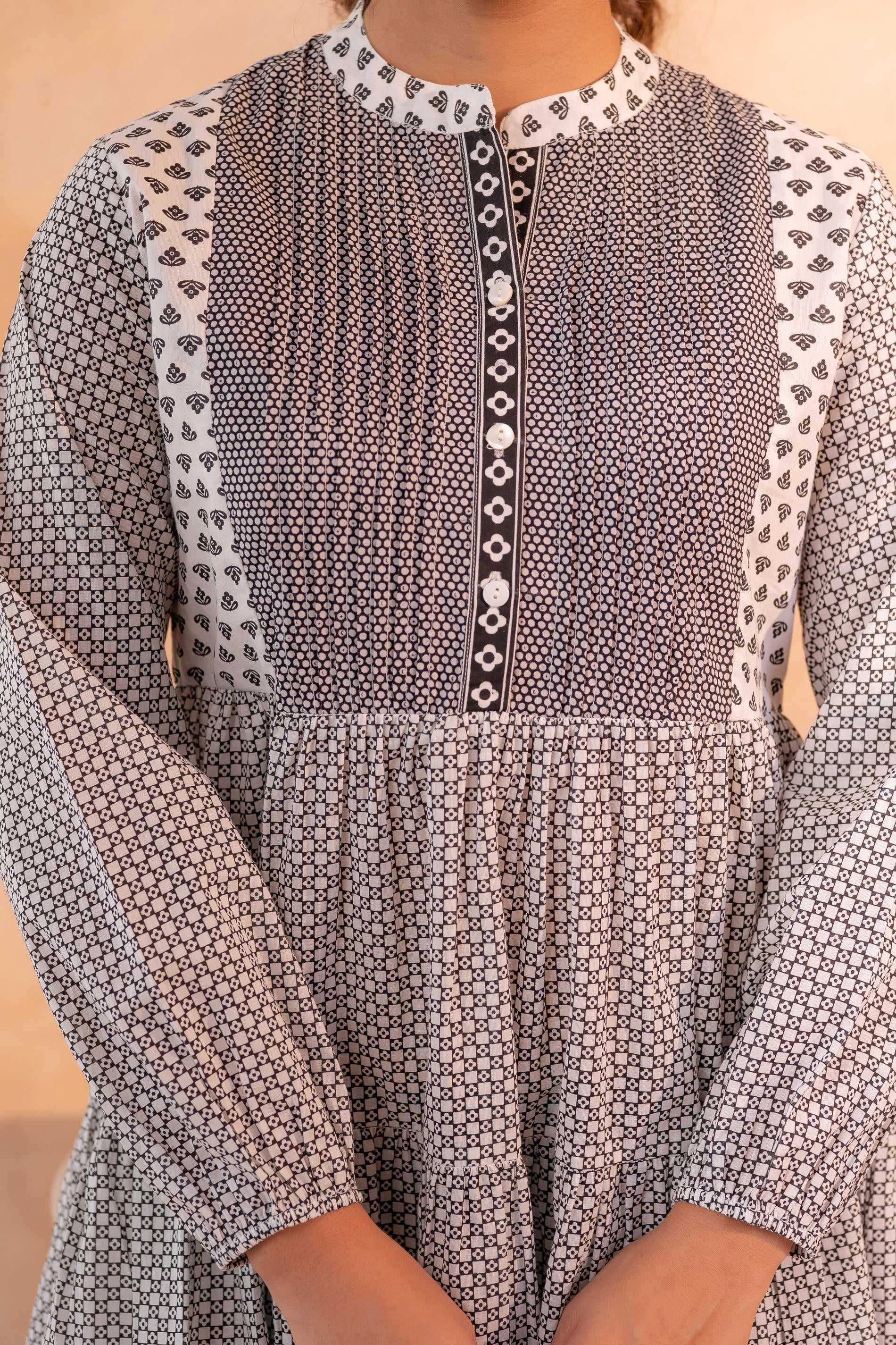Juniper White & Black Printed Flared tunic with Pintuck Yoke - Distacart