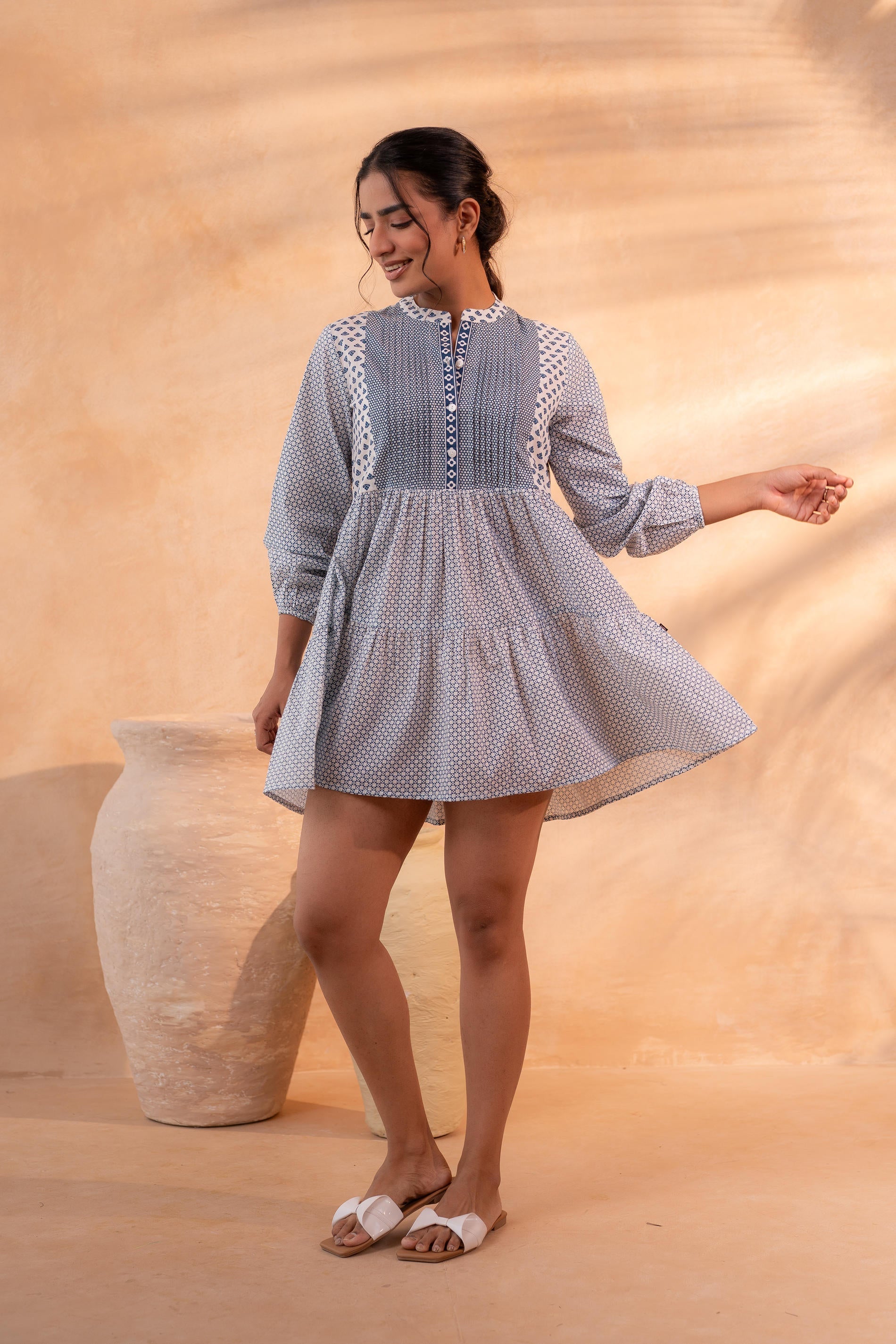 Juniper White & Blue Printed Flared tunic with Pintuck Yoke - Distacart