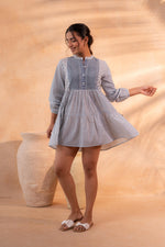 Thumbnail for Juniper White & Blue Printed Flared tunic with Pintuck Yoke - Distacart