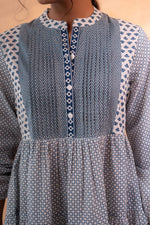Thumbnail for Juniper White & Blue Printed Flared tunic with Pintuck Yoke - Distacart