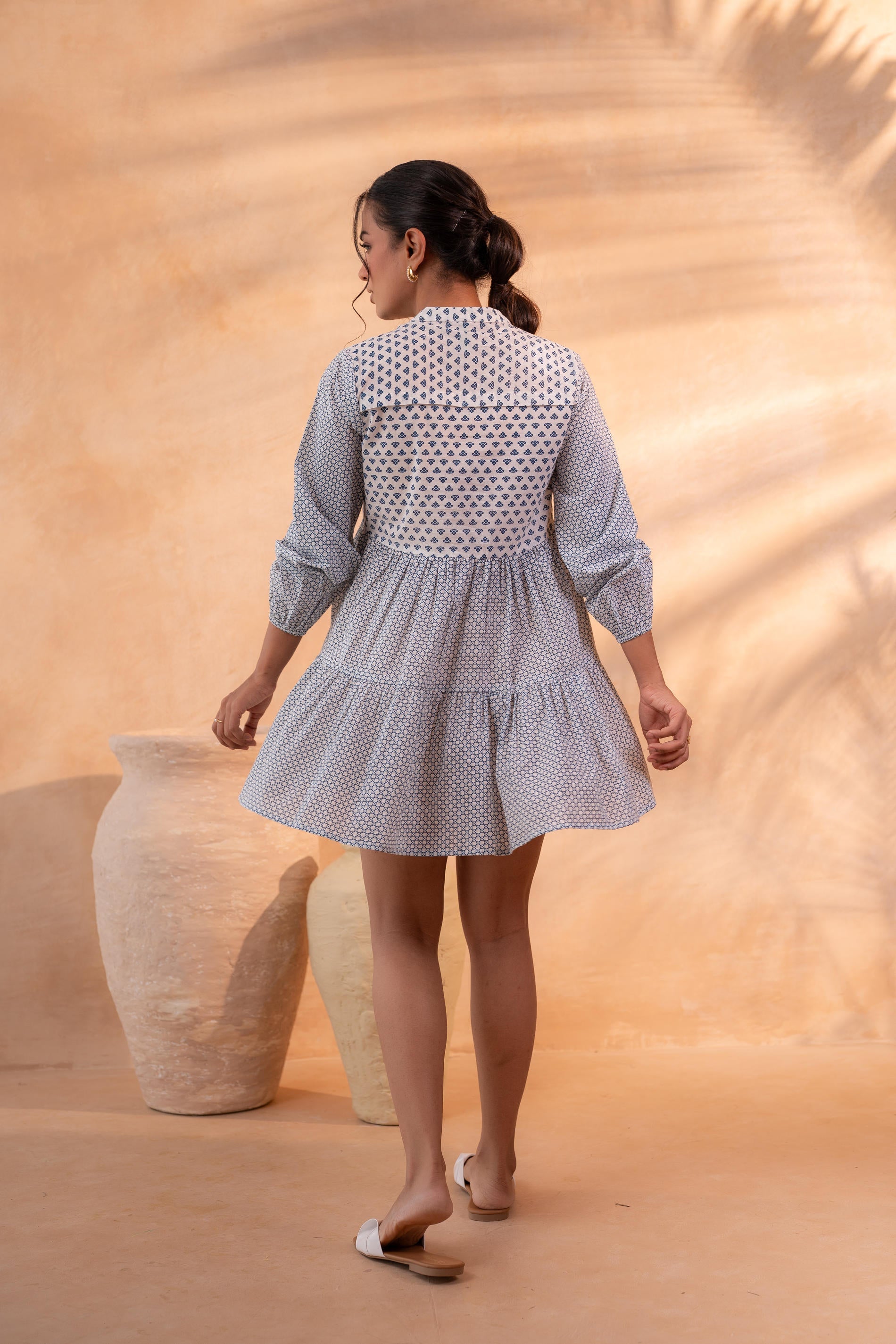 Juniper White & Blue Printed Flared tunic with Pintuck Yoke - Distacart