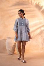 Thumbnail for Juniper White & Blue Printed Flared tunic with Pintuck Yoke - Distacart