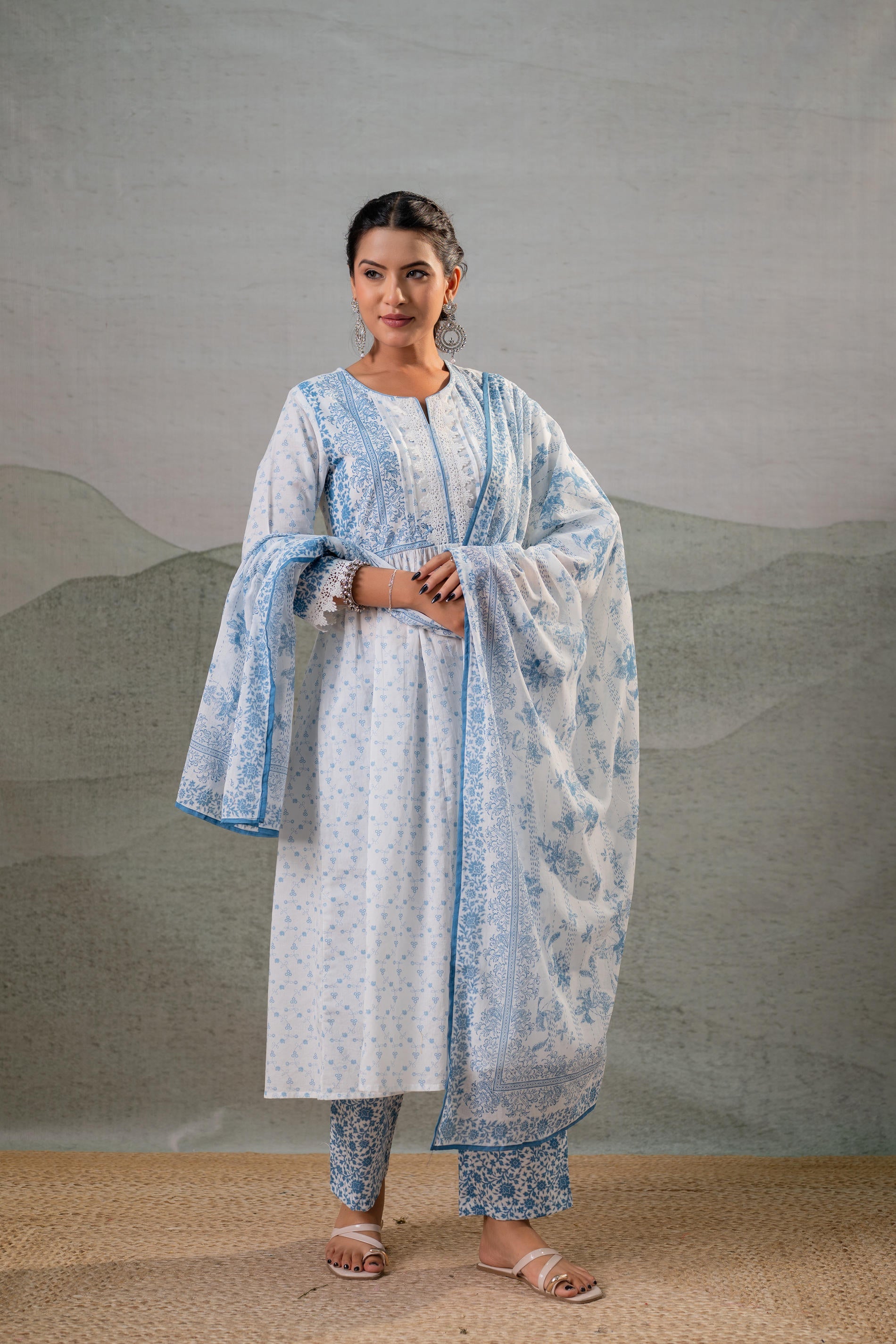 Juniper Neelambar Skyblue Printed Flared Kurta Pant And Dupatta Set - Distacart