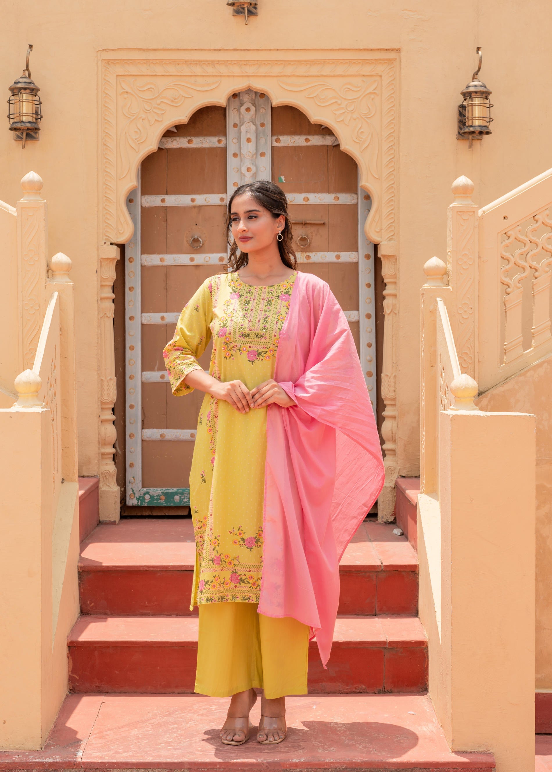 Juniper Floral Printed Lime Kurta Set - Distacart