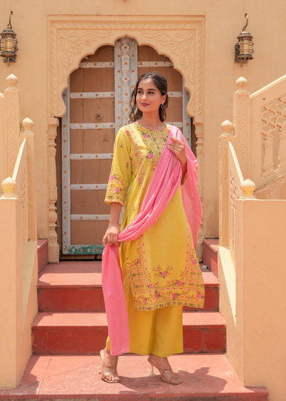 Juniper Floral Printed Lime Kurta Set - Distacart
