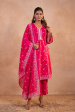Thumbnail for Juniper Gulbahar Fuchsia Printed Kurta Pant And Dupatta Set - Distacart