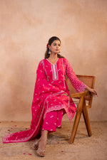 Thumbnail for Juniper Gulbahar Fuchsia Printed Kurta Pant And Dupatta Set - Distacart