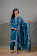 Thumbnail for Juniper NeelraIndigo Teal Printed Kurta Pant And Dupatta Set - Distacart