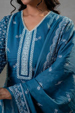 Thumbnail for Juniper NeelraIndigo Teal Printed Kurta Pant And Dupatta Set - Distacart