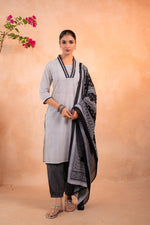 Thumbnail for Juniper Noir Ikat Echo Black & White Printed Kurta Pant And Dupatta Set - Distacart