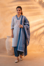 Thumbnail for Juniper Noir Ikat Echo Blue & White Printed Kurta Pant And Dupatta Set - Distacart