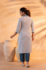 Thumbnail for Juniper Noir Ikat Echo Blue & White Printed Kurta Pant And Dupatta Set - Distacart