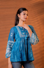 Thumbnail for Juniper Indigo Teal Blue Tie-Dye Printed Yoke Tunic with Flared Sleeves - Distacart